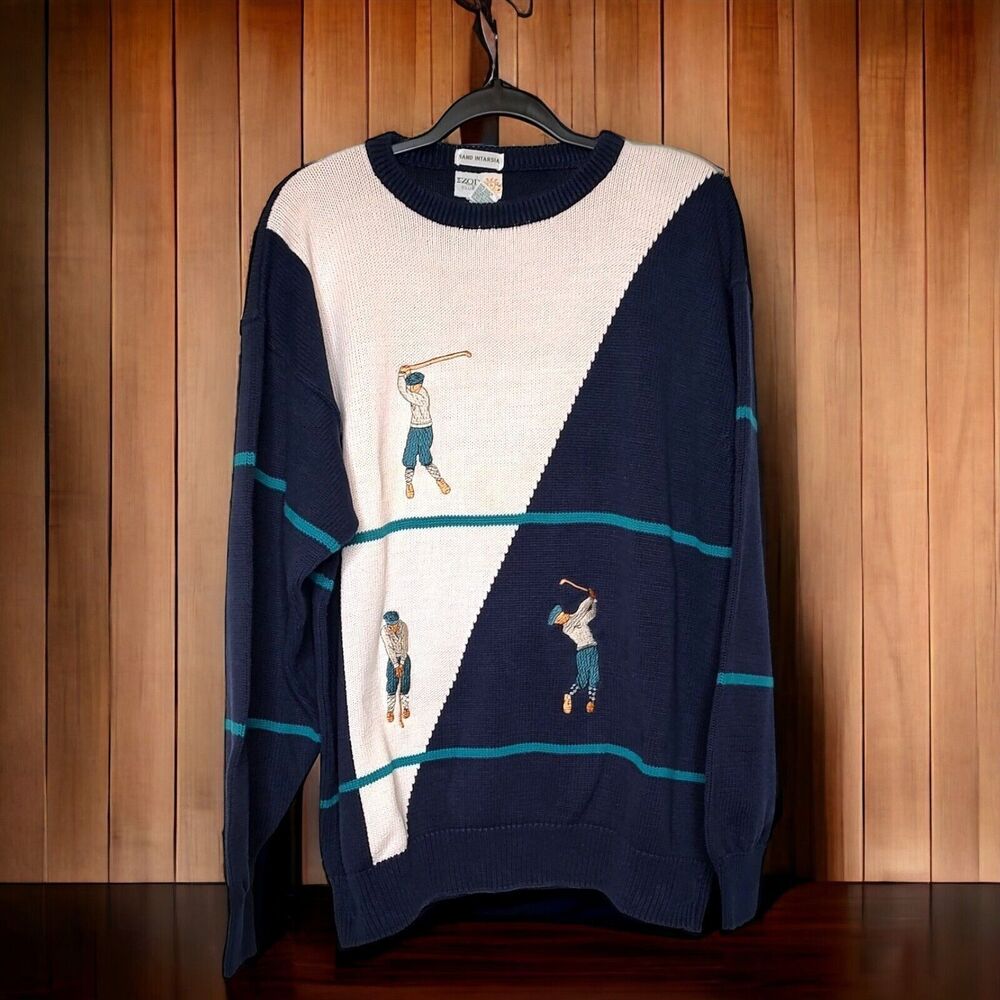 Vintage IZOD Club Hand Intarsia XL Embroidered Preppy Golf Sweater Color Block